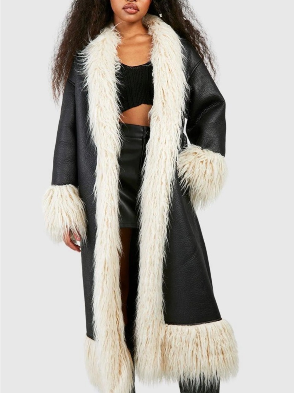 Boohoo Black Faux-Leather Trench Coat with Cream Faux-Fur Trim - Picture 2 of 8